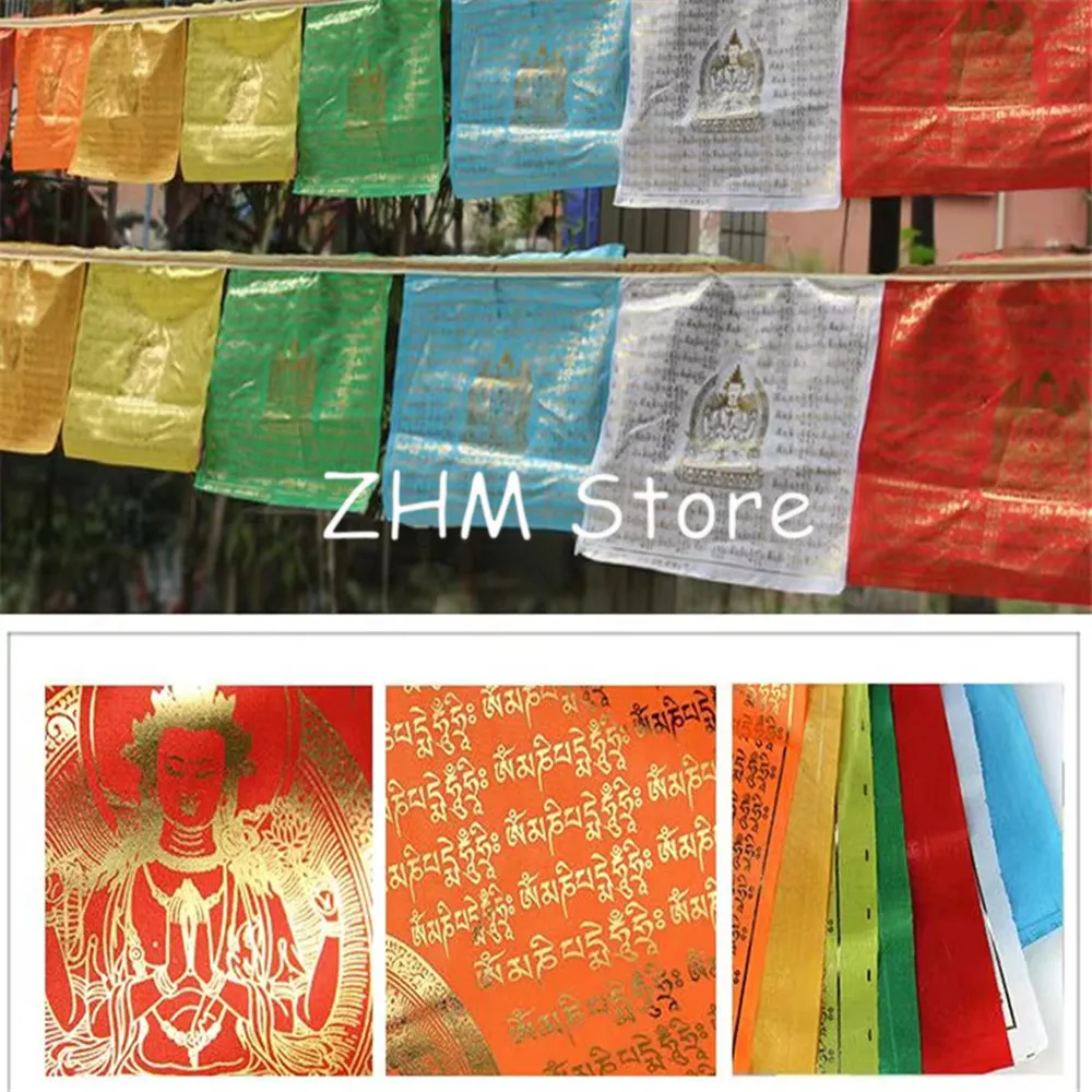 Tibetan Buddhism Om Mani Pedme Hong Prayer Flag Silk Five Colors Print 5 Meters 21 Pcs/String Religious Luck Flags Scriptures
