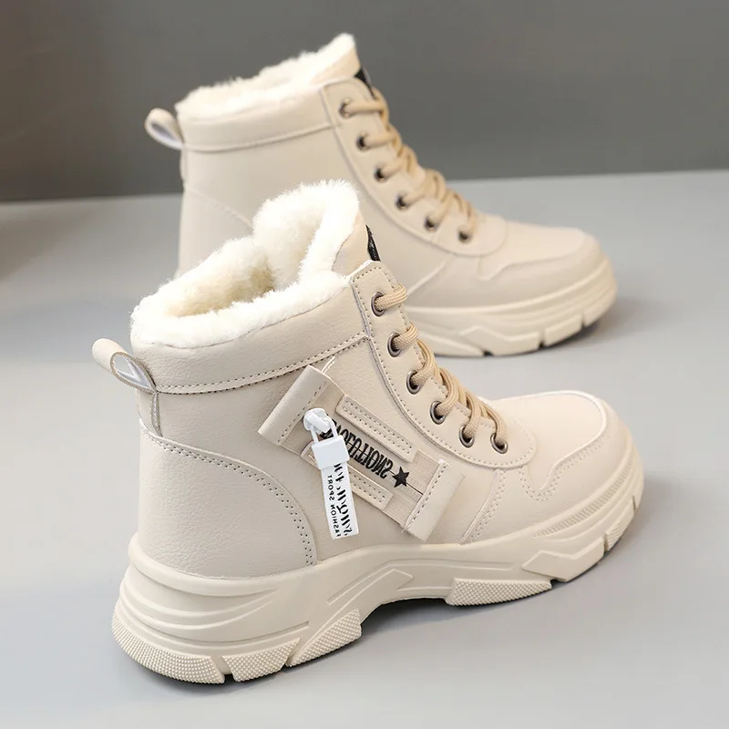 

Thickened Fleece Lined Winter Snow Boots Women's High Top Sport Shoes Warm Cozy Cotton Shoes round Toe Rubber Outsole Flat Heel