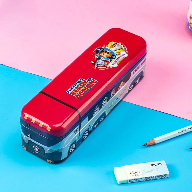 PAW Patrol Cartoon Anime Bus Shape Cute Pencil Case Three-layer Large Capacity School Supplies Storage Box Student Iron Box Gift