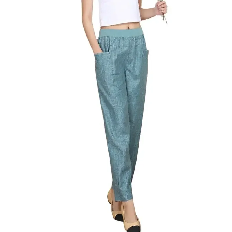 

2024 Summer Women Linen Harem Pants 4XL Middle-aged Lady Elastic Waist Loose Casual Pants All-match Pocket Thin Female Trousers