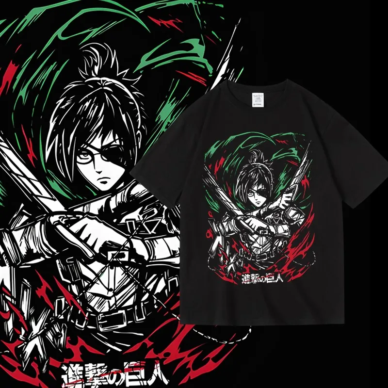 Camiseta periférica con estampado de animación Han Ji gigante de ataque japonés, Top de verano de manga corta de algodón puro para hombres y mujeres