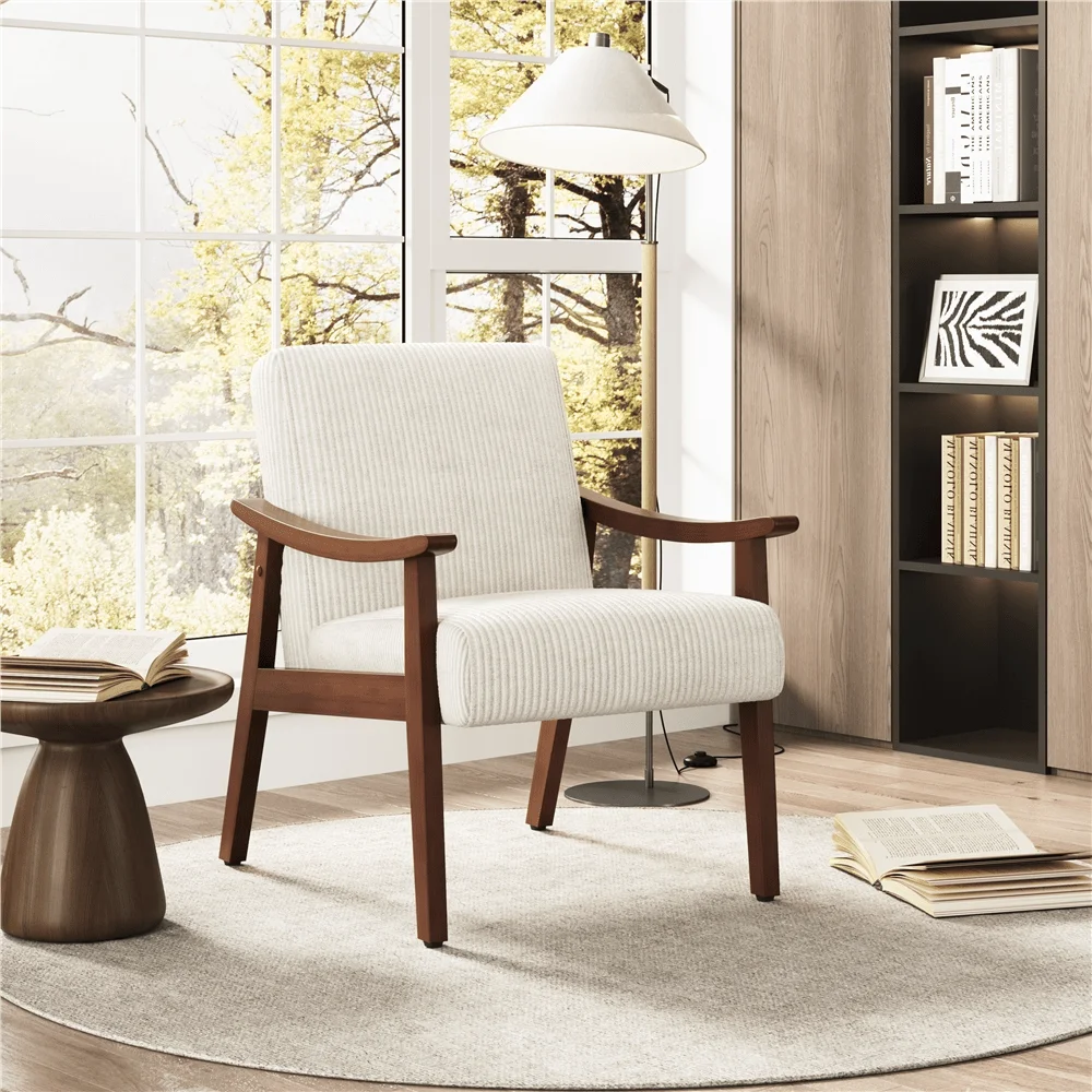 Butterslay 1PC Modern Upholstered Armchair With Solid Wood Legs, Corduroy Accent Chair For Living Room & Bedroom, Swivel Chair, Portable Chair, Cozy Chair