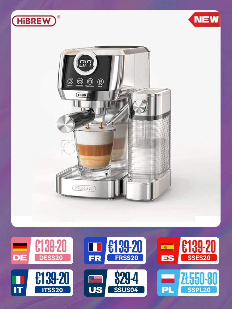HiBREW 3-in-1 halbautomatische Espresso-Cappuccino-Latte-Kaffeemaschine, automatischer Milchschaum, gemahlener Kaffee, Edelstahl H13A