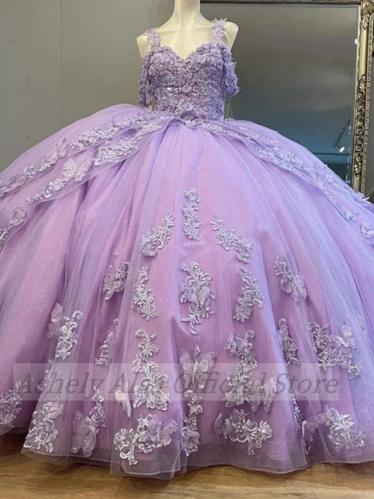 Vestido De quinceañera De princesa Lila, cuadros reales, tirantes finos, apliques De encaje, 15 Años, dulce 16 14, fiesta De graduación