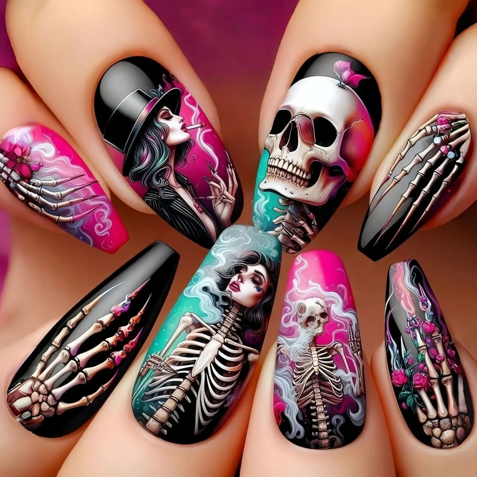 24 stks/set Middellange nepnagels voor Halloween party zwarte kat maan pompoen dode boom amandel vierkante tips druk op valse nail art