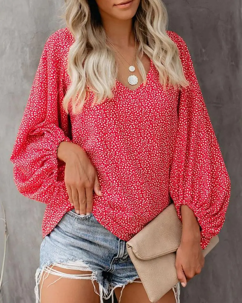 2023 New European and American Cross Boder Spring/Summer/Autumn V-neck Casual Shirt Printed Lantern Sleeve Top Women\'s W