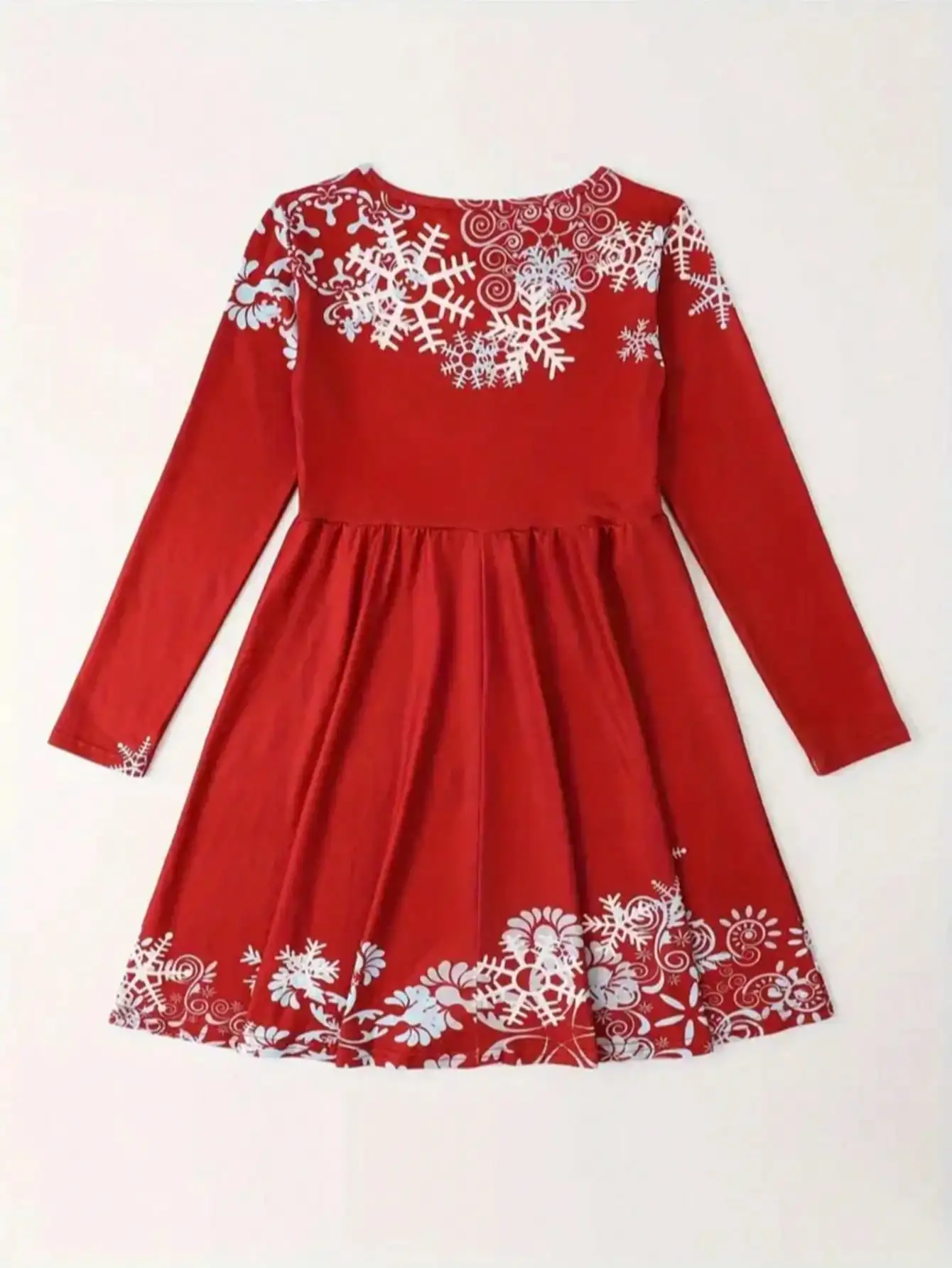 Girl's red Christmas snowflake print round neck dress, popular style, suitable for daily travel
