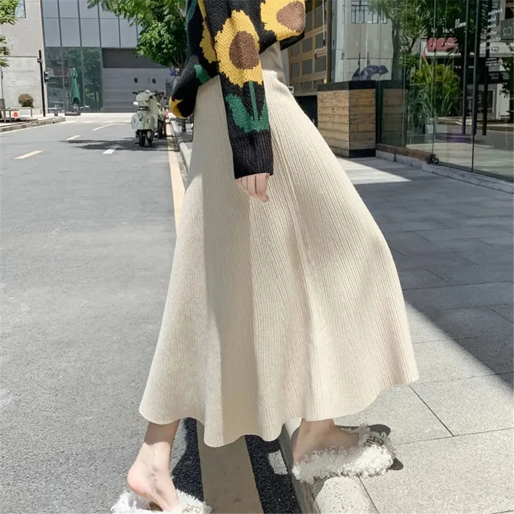 

Korean Knit Fashion Women A Line High Waist Sweater Skirts Female Winter Autumn Loose Pleated Skirt Vintage Elegant Streetwear