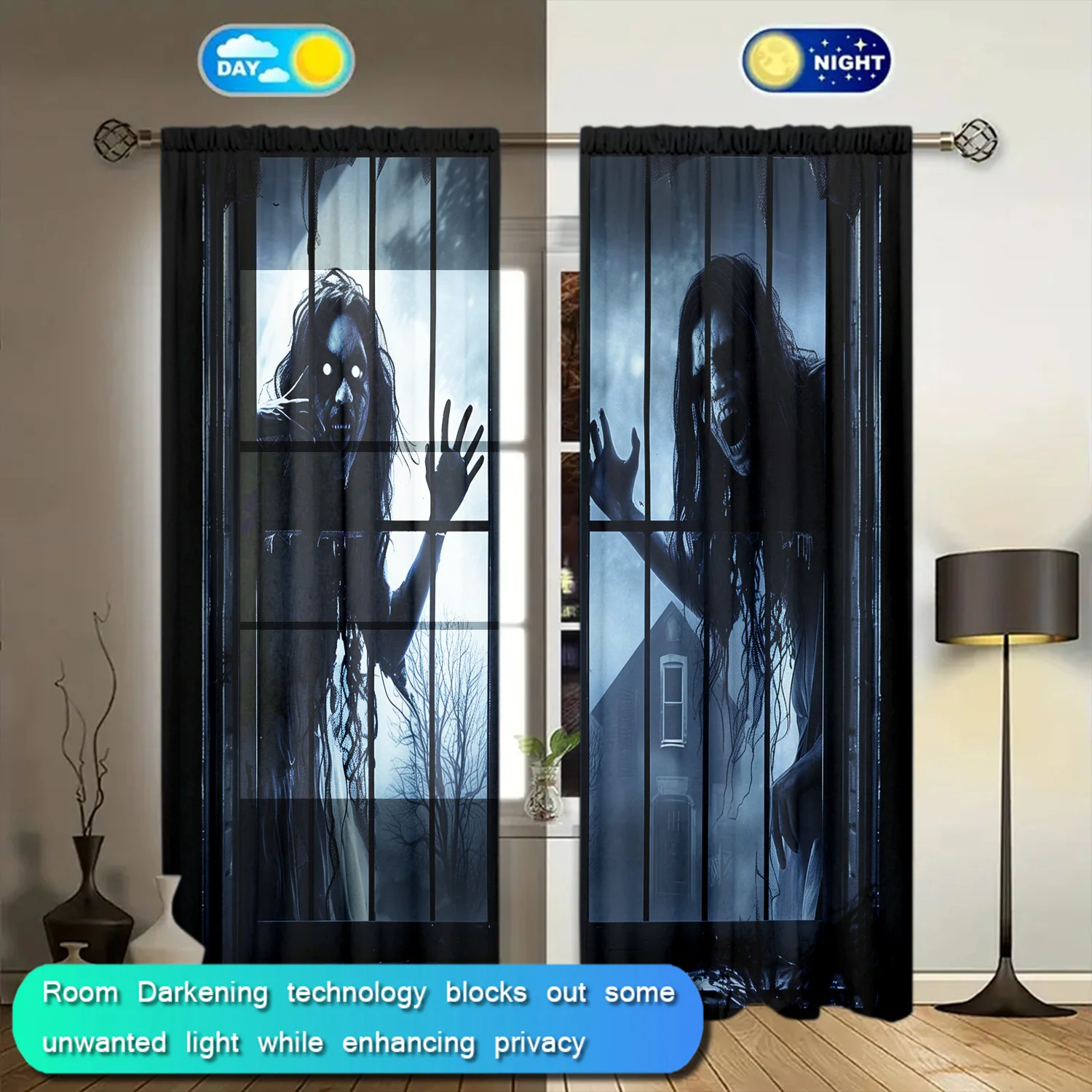 2pcs Halloween Horror Ghost Curtains Scary Zombie Print Spooky Design Polyester Window Drapes for Party Haunted House Decor