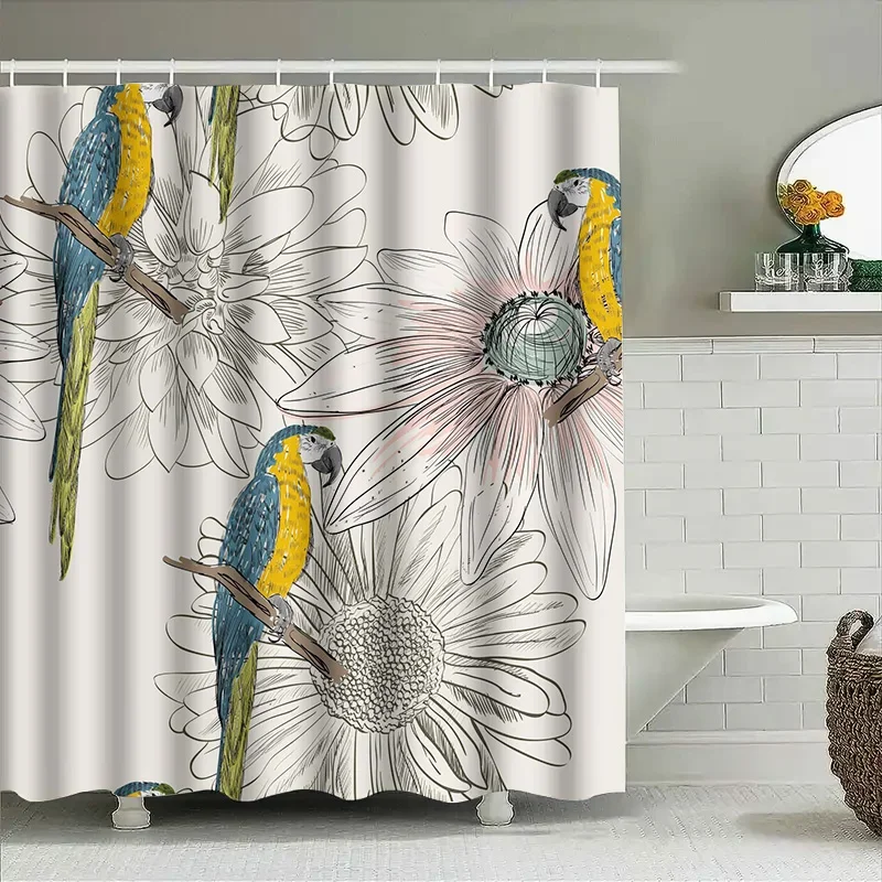 

Современная занавеска для душа с цветочным принтом птицы для украшения ванной комнаты, белый цветочный узор с набором попугаев, в комплект входят крючки для стержней