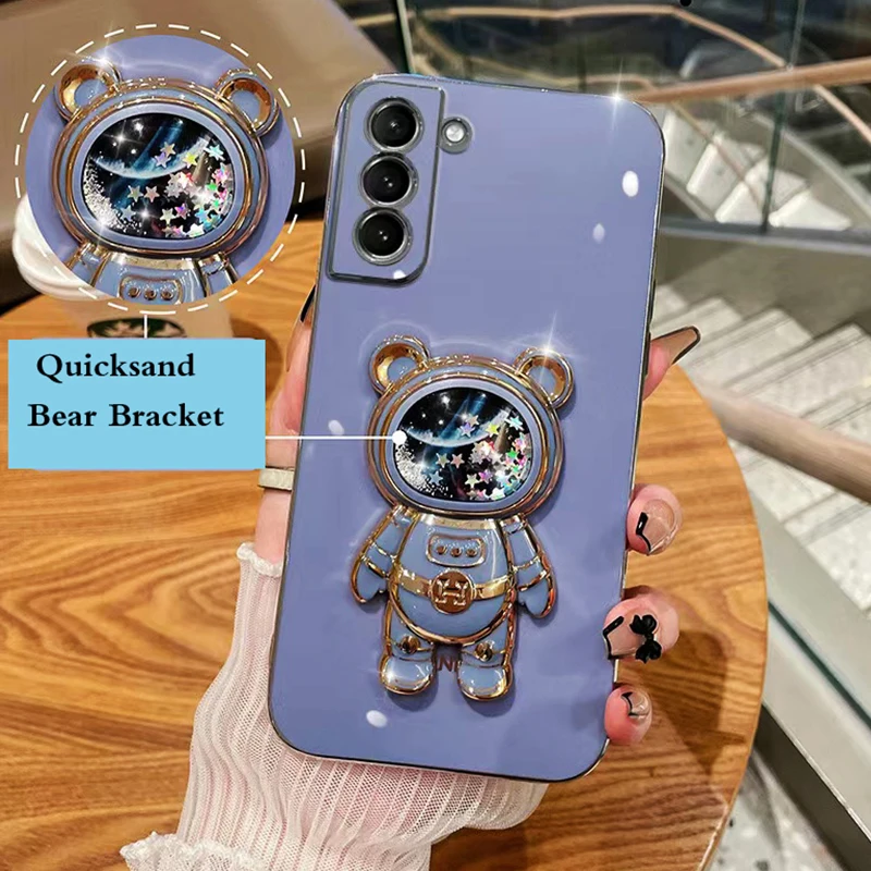 Cute Bear bracket Plating Phone Case For Samsung Galaxy S25 Edge S21 S20 FE Note 20 10 Plus S23 S22 S24 Ultra S25 Plus Cover