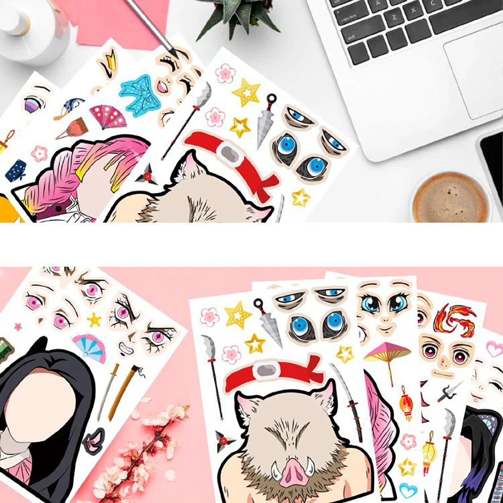 

6/12sheets Cute Demon Slayer DIY Puzzle Stickers Cartoon Make a Face Jigsaw Decals Cool Assemble Education Toy Kid Birthday Gift