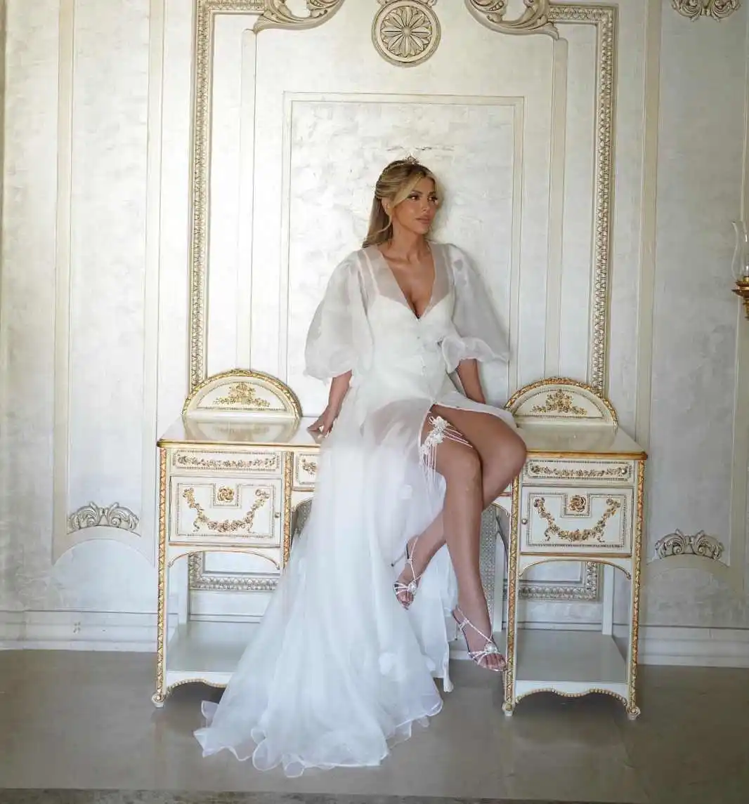 White Bridal Dresses Sheer Tulle Robe Front Split Pregnancy Maternity Robe Customized Wedding Bride Boudoir Sleepwear Nightwear view 3