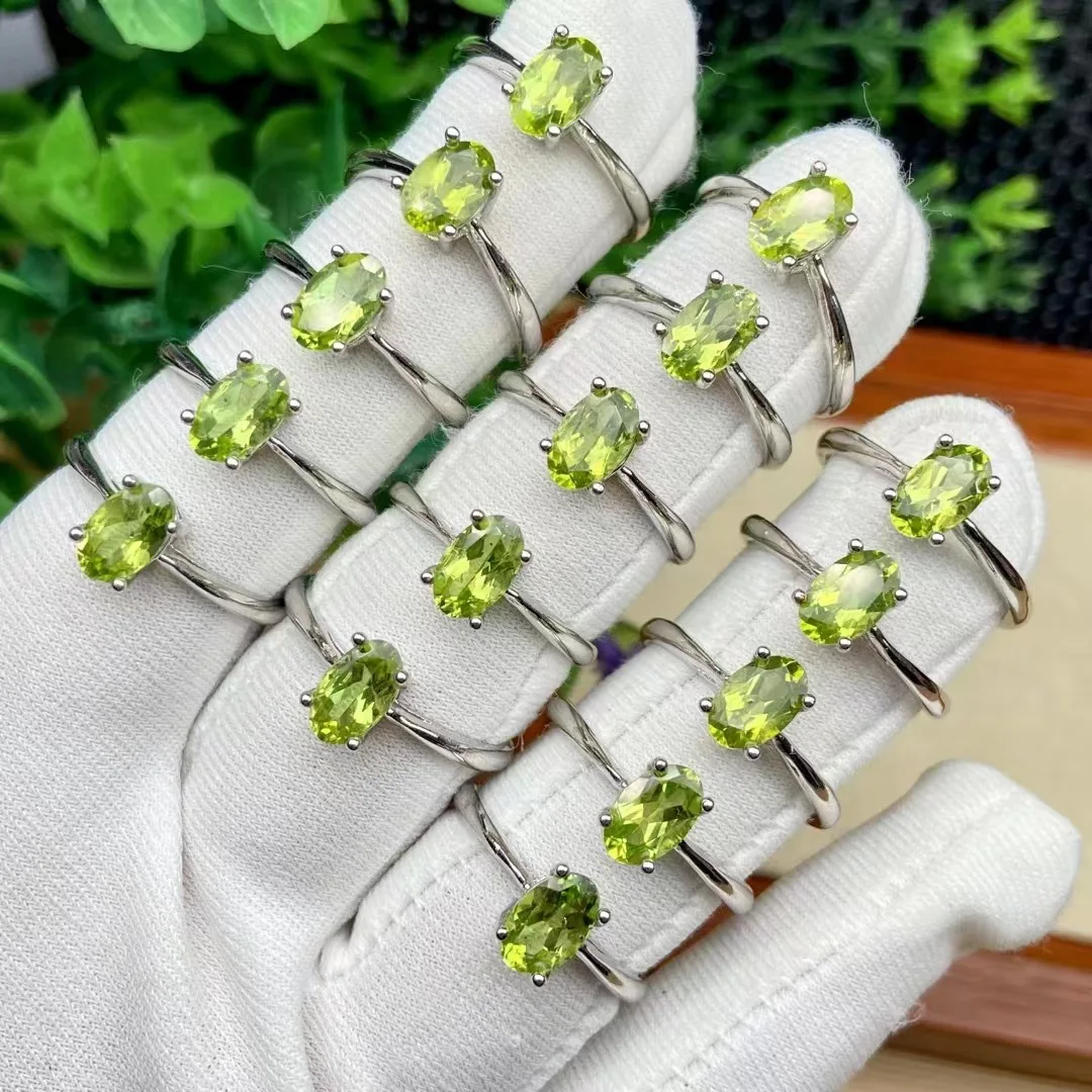 Wholesale 10pcs/lot Natural Peridot Oval Shape Ring Semi-Precious Gemstone Jewlery Finger Ring Brass Rings,Adjustable