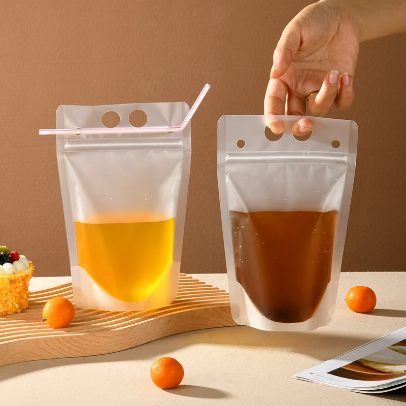 1000Pcs 250ml Plastic Drink Packaging Bag Pouch For Beverage Juice Milk Coffee With Handle and Holes For Straw