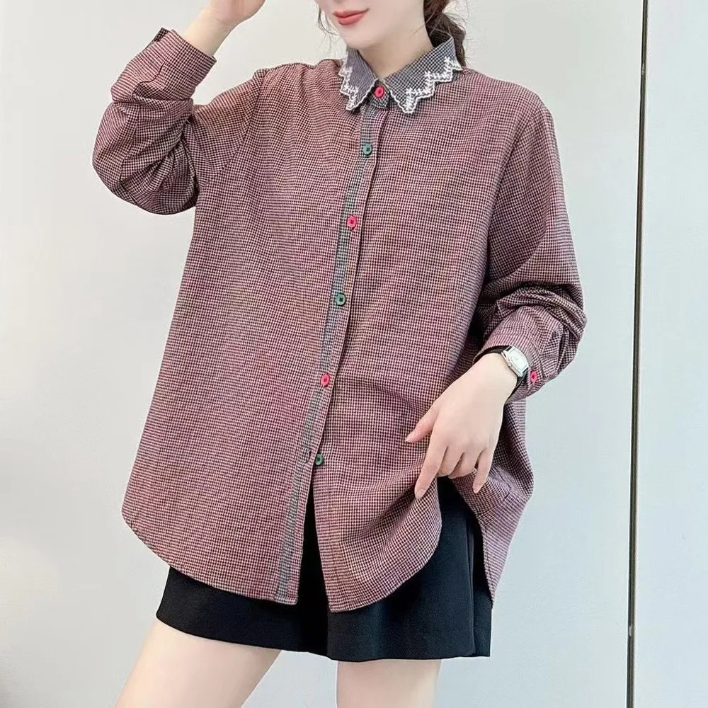 Simple All-match High Quality Cotton Small Plaid Shirt Loose Casual Houndstooth Embroidered Long Sleeve Shirt For Women