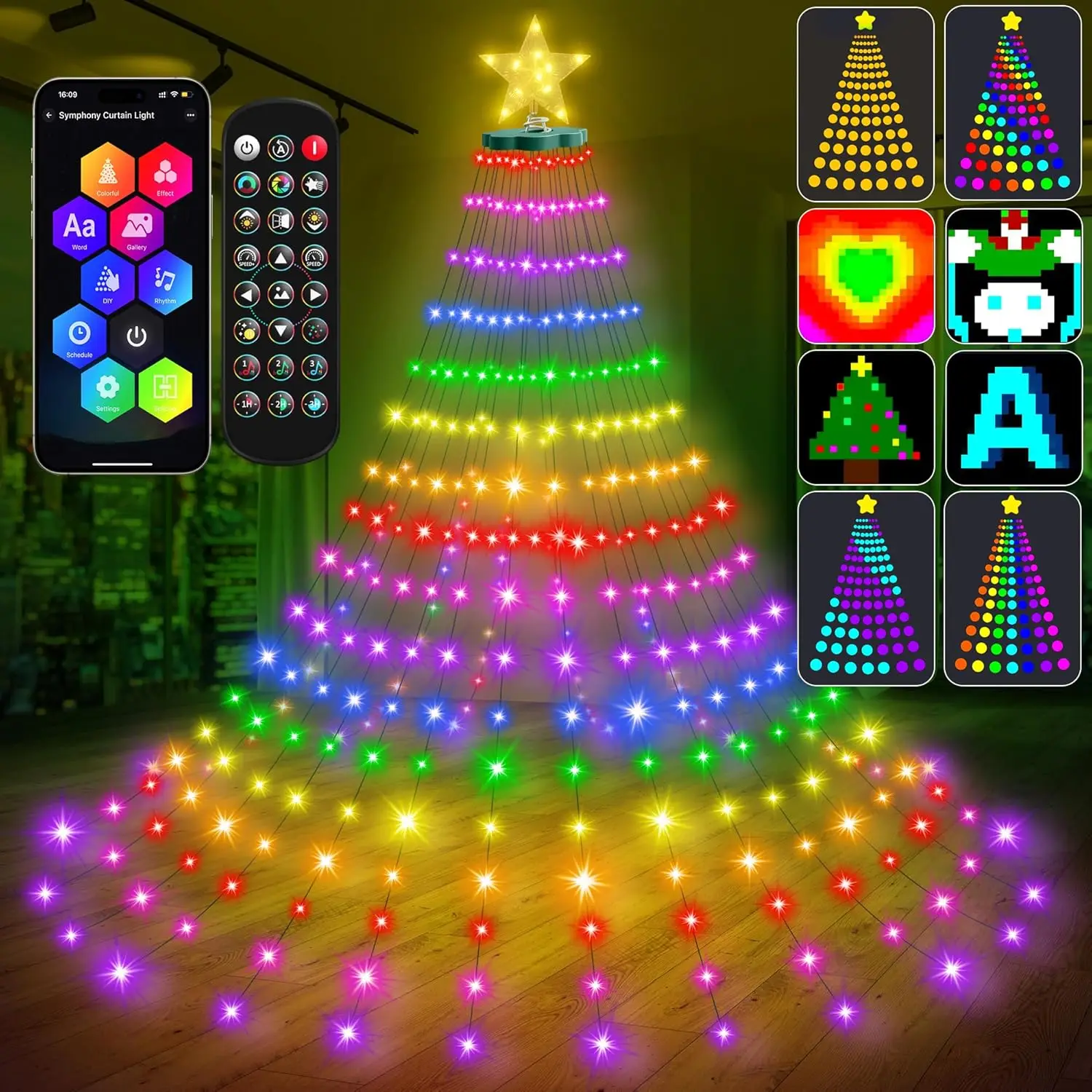 

Smart Ring Christmas Tree Lights with Star Topper - 7.5Ft LED String, App Control, Color Changing, Waterproof