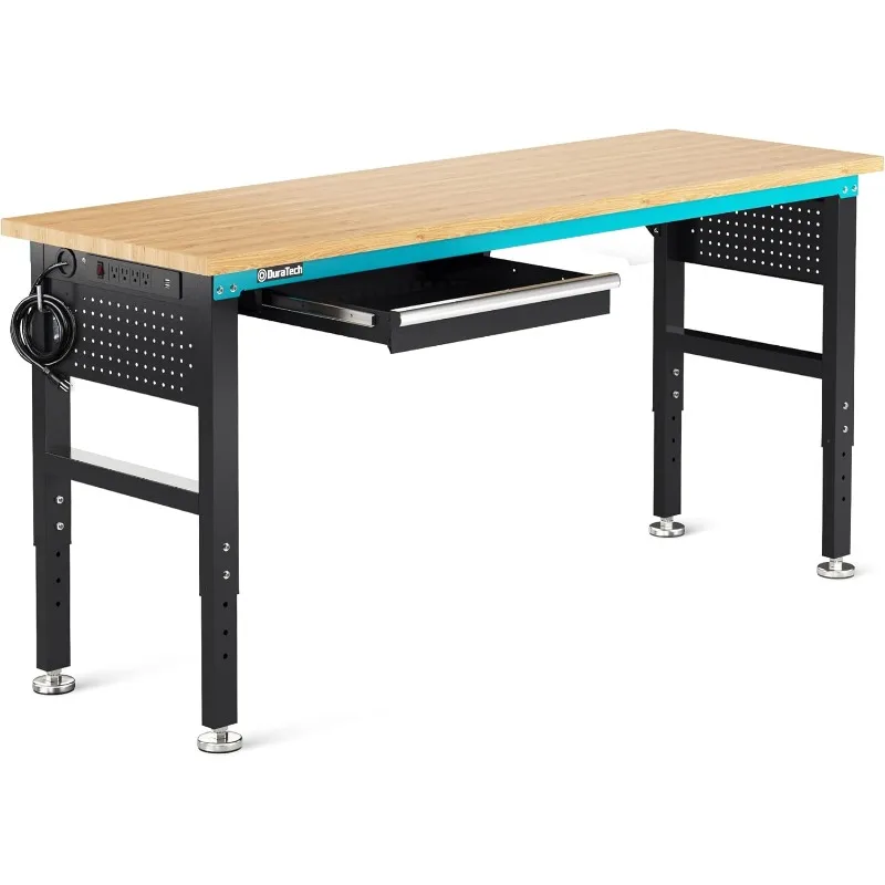 72” Adjustable Workbench, Heavy-Duty Rubber Wooden Top Worktable with a Drawer, 6ft Workstation with Power Strip, Peg Board