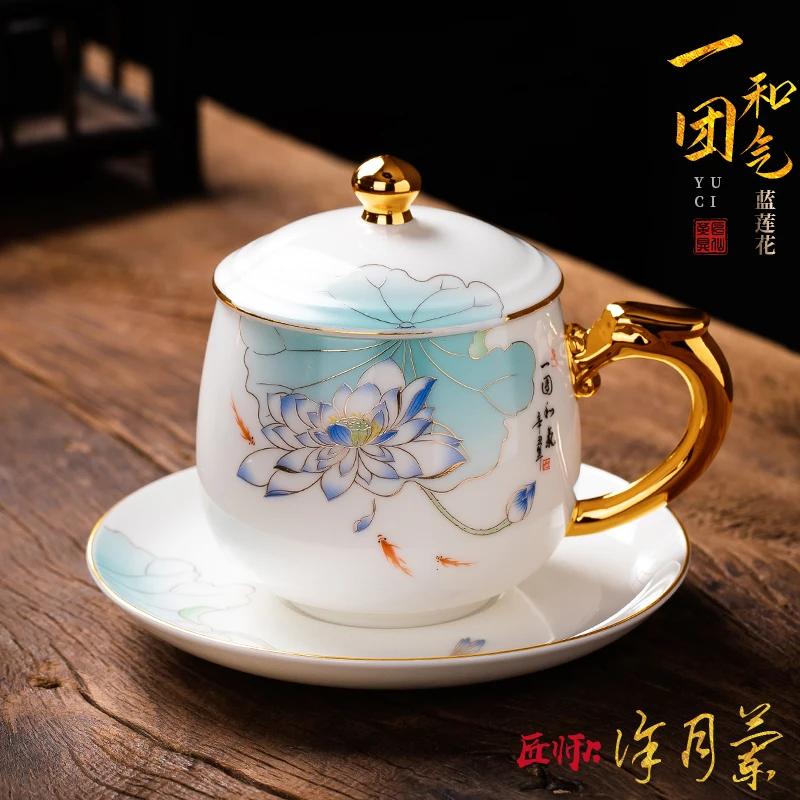 

Handcraft Lotus White Porcelain Office Water Glass Women's Good-looking Ceramic Cup with Lid Drinking Tea Cup for Personal Use