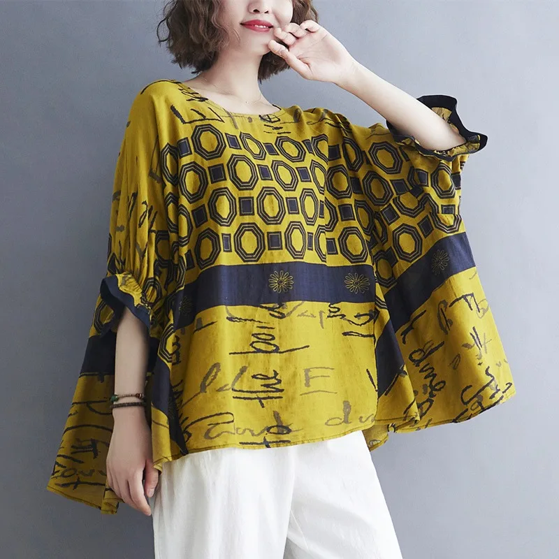 New loose oversized elastic cuffs abstract pattern printed bat short sleeved slimming and flesh covering T-shirt top  plus size