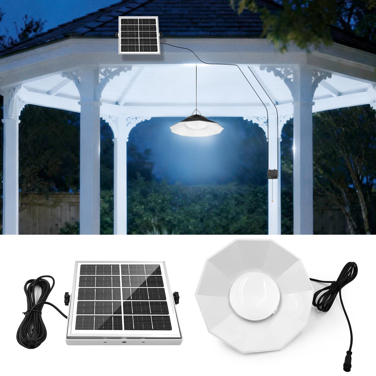 Old Fashioned Solar Ceiling Light Pull Cord 3 Work Modes Detachable Panel 4400mAh Battery IP65 for Garage Gazebo Barn RV Patio