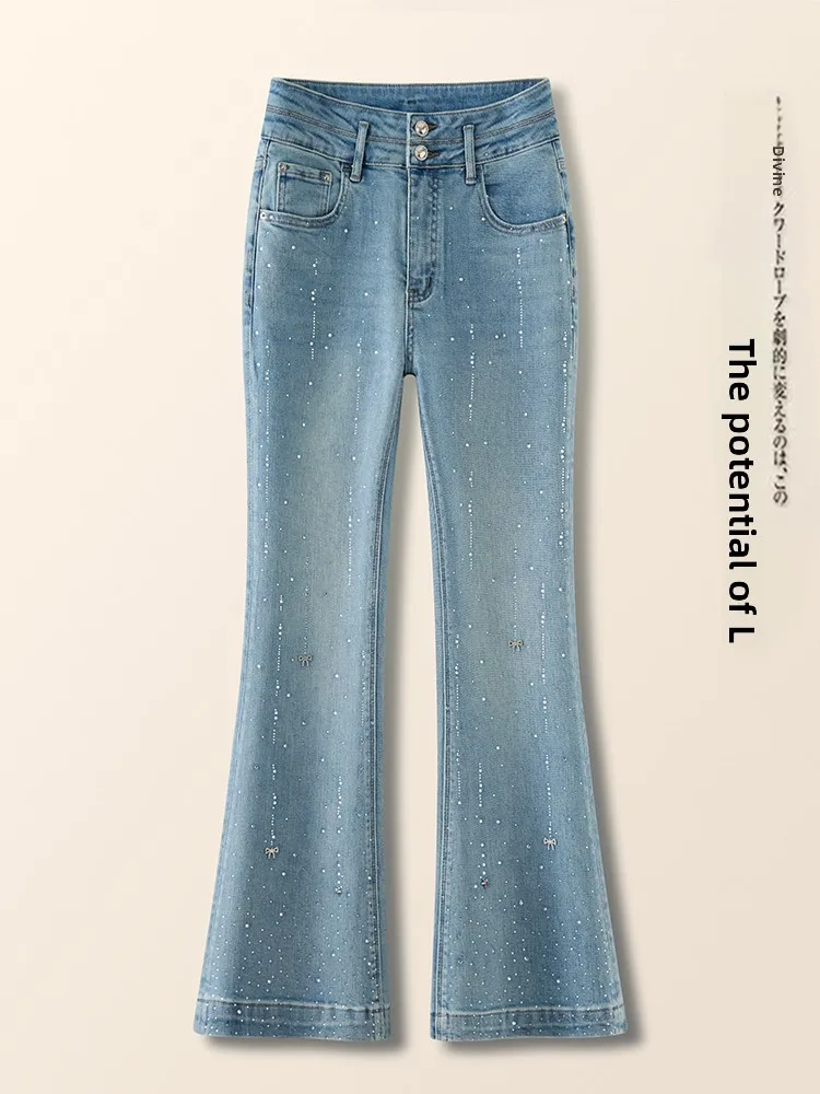 

High Waist Slimming Skinny Jeans Women's Fashionable Rhinestone Embellished Bell Bottoms Commute Style Spring Autumn New Arrival