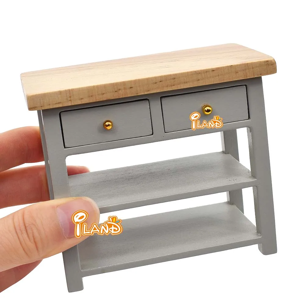 ILAND 1/12 Doll House Furniture Miniature Wooden Console Table Cabinet Kitchen Room Sideboard Bathroom Shelf For Dollhouse