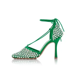 Summer new square head Baotou mesh rhinestone lace-up sandals stil high heel daily versatile dress large size flat women's shoes