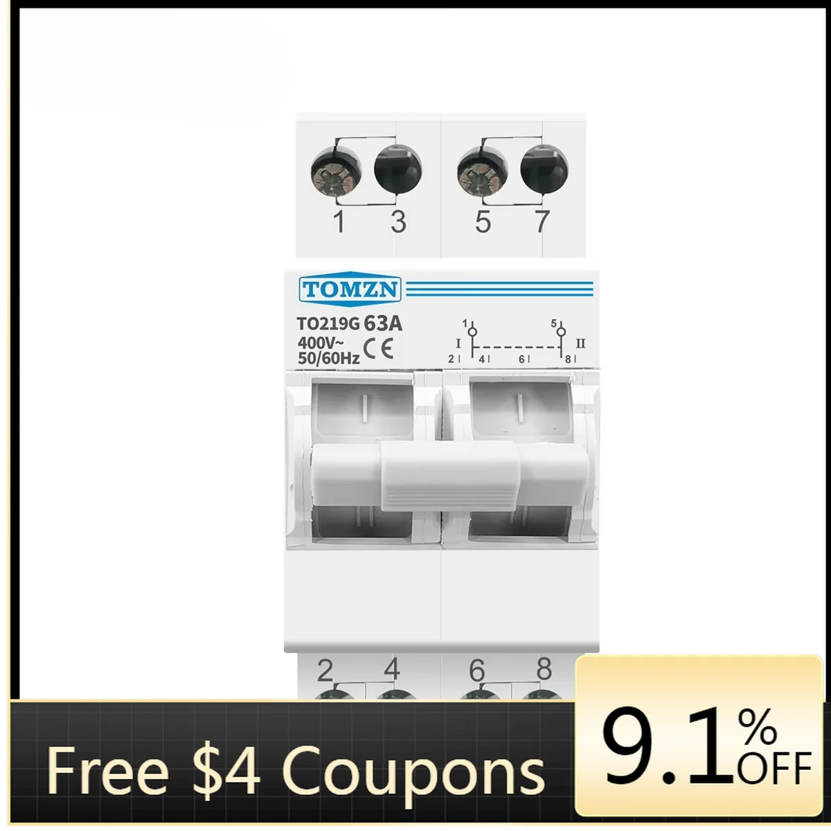Din Rail 2P TOMZN MTS Manual Dual Power Changeover Switch 40A/63A With Isolating & Interlock Function