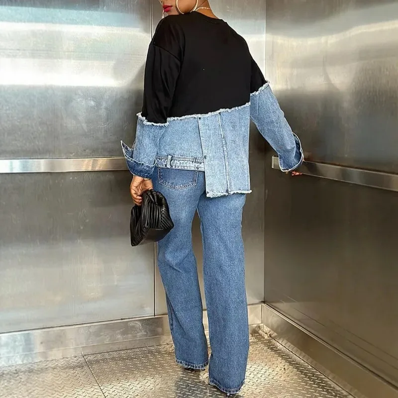 2026 ربيع الخريف المرقعة الدنيم البلوز القمم موضة كم طويل س الرقبة الشارع الشهير بلوزات المرأة بلوزة أنيقة سيدة