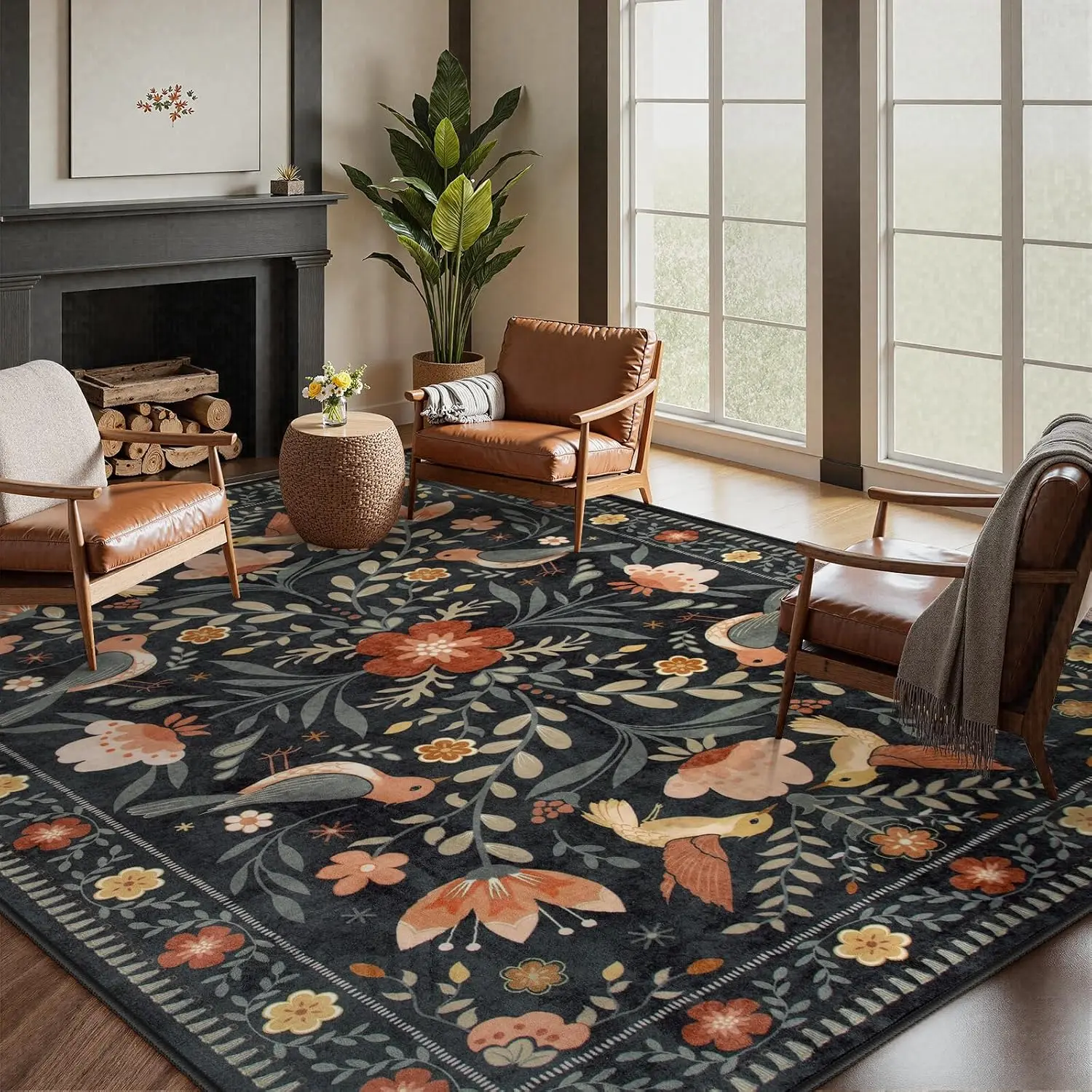 Large 10x12 Transitional Floral Bird Print Area Rug Non‑slip Carpet Fit for Open Floor Living Dining Spaces Black Home Decor