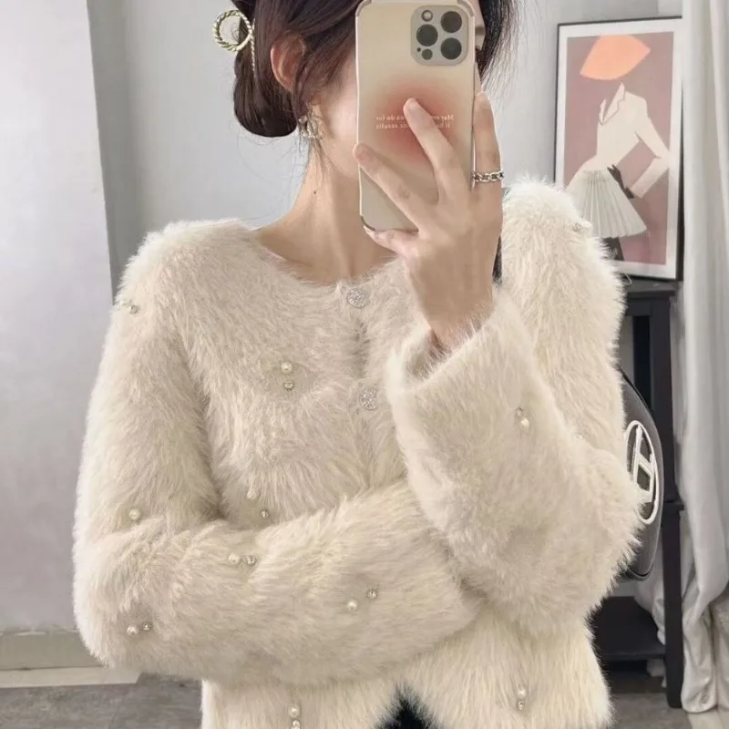 

Imitation Mink Cashmere Knitted Cardigan Sweater Coat Women's Spring and Autumn Winter Thick Short 2024 New High-grade Look