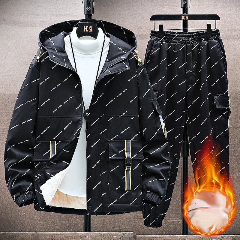 Spring And Winter New Fashion Casual Men\'s Printed Jacket Suit Plus Velvet Youth Trend Hooded Jacket And Pants Two-Piece Set