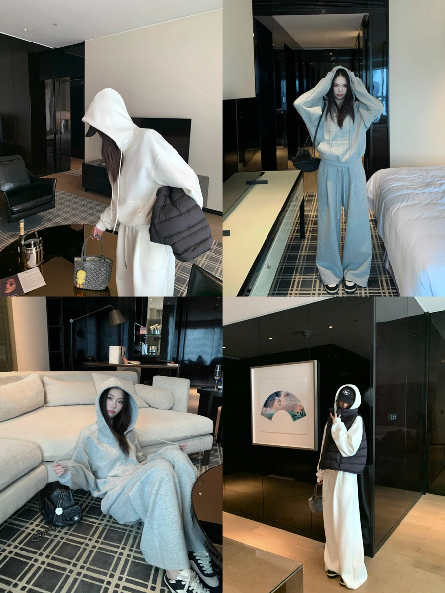 

Комплект из утепленной флисовой толстовки и брюк для женщин: повседневный спортивный костюм-двойка с длинными рукавами, зимняя коллекция