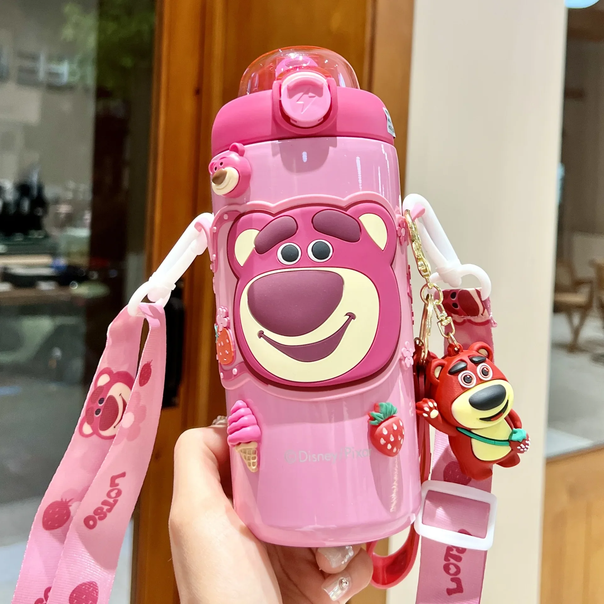 Disney Lotso-Tasse thermos ours rose pour fille, belle tasse à eau chaude en acier inoxydable 500, bouilloire à paille pour enfants et étudiants, 316 ml