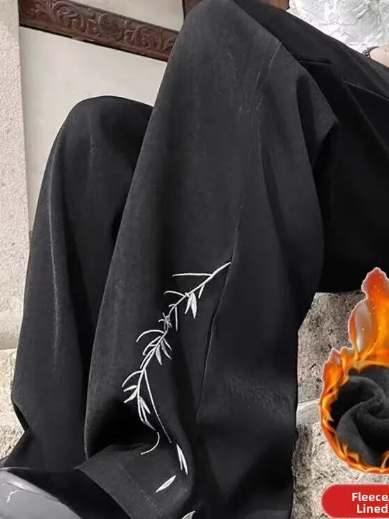 

Men's Fce Lined Straight Leg Casual Pants ey Autumn Winter Loose Fit Sports Sweatpants Polyester Fiber Plant Floral Pattern