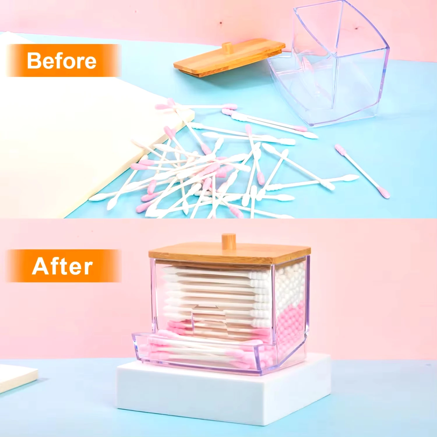 Makeup Bamboo Cotton Swab Storage Box with Lid Small Earpick Dispenser Clear Transparent for Toothpicks for Cotton