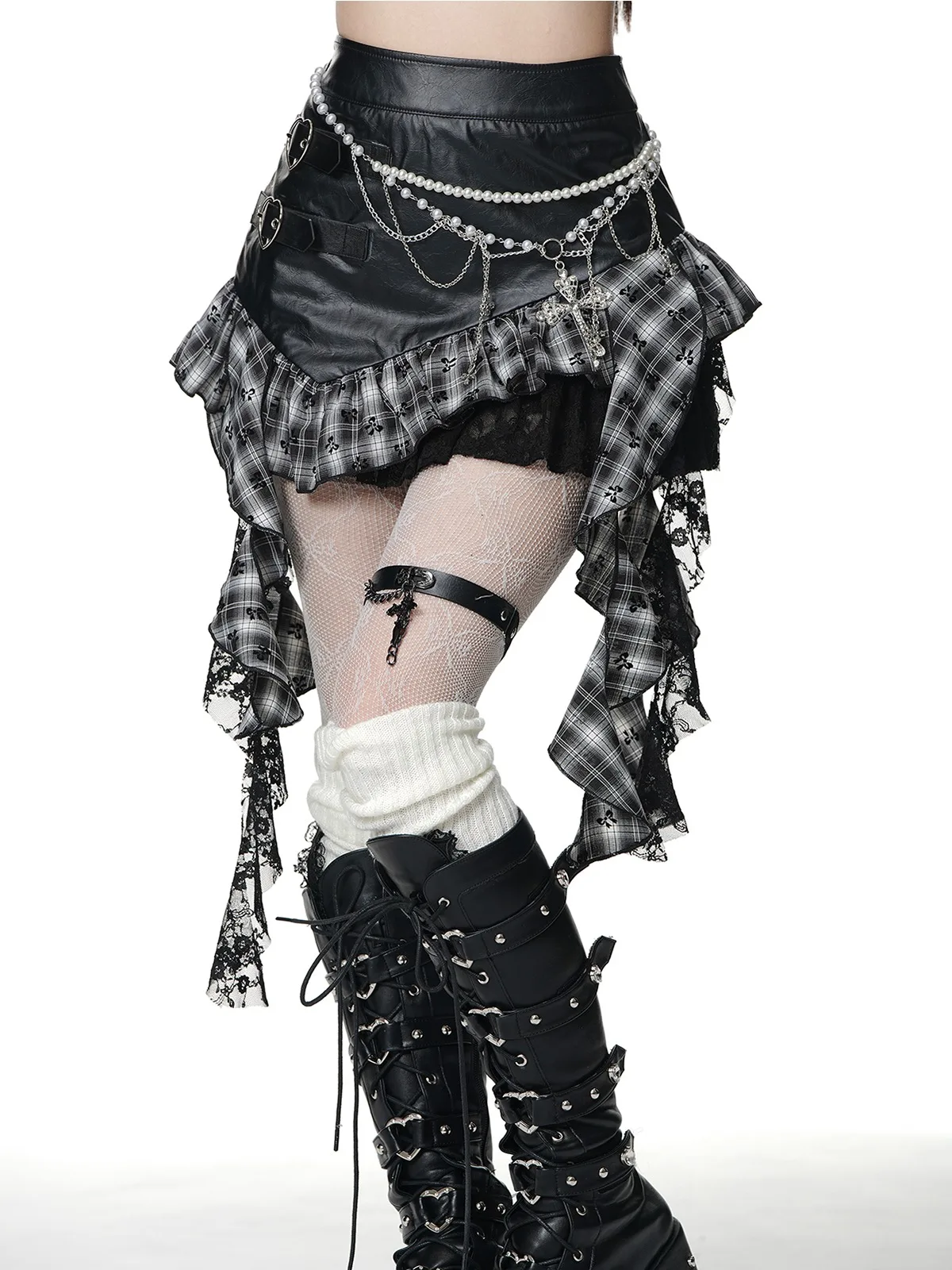 Original Y2k  Faux Leather Asymmetric Design Skirt Lace Patch Plaided Sheath Cake Ball Gown Mini Punk Grunge Skirts