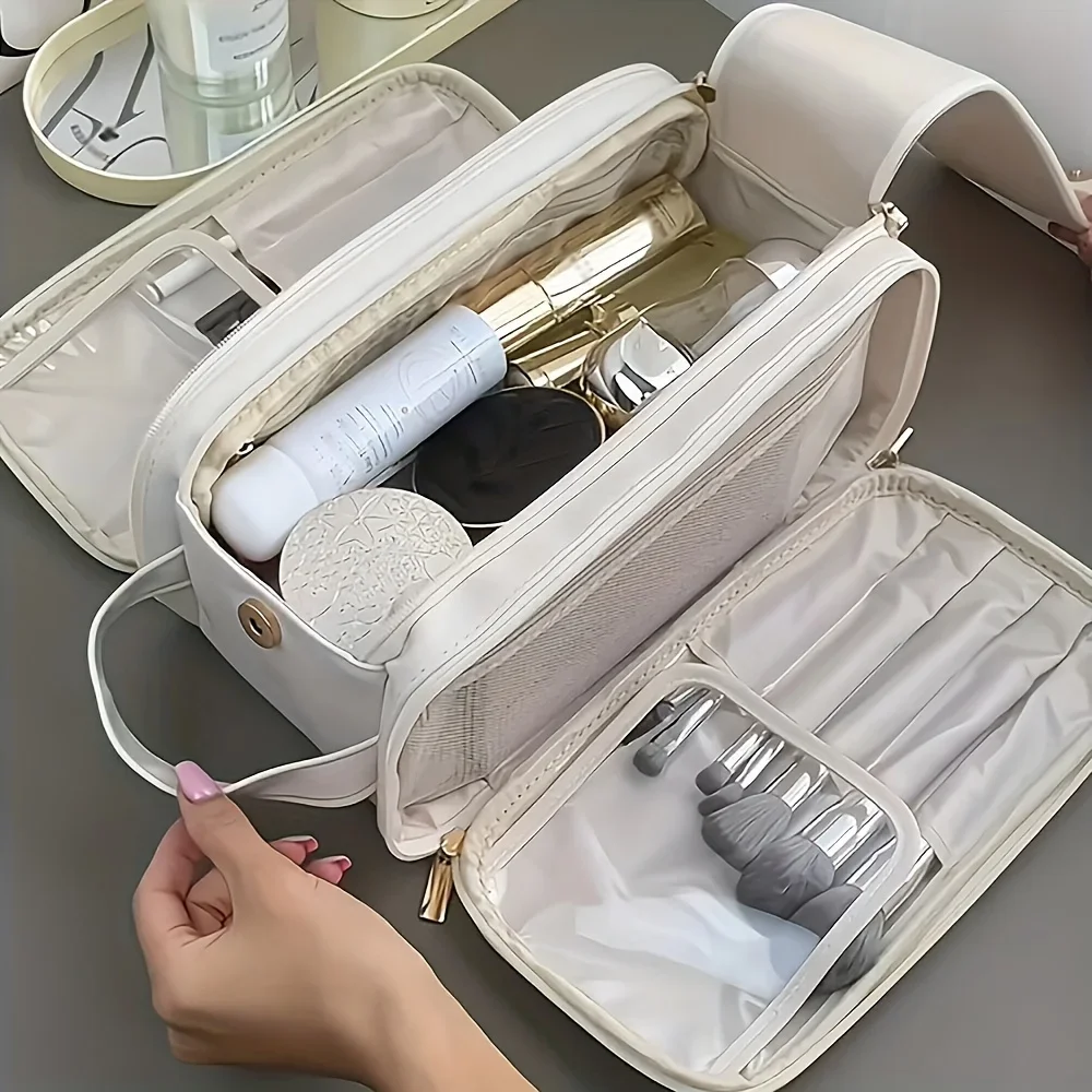 Leather Large Capacity Travel Cosmetic Bag Portable Women Makeup Case Waterproof Multifunctional Toiletry Organizer Storage Bag