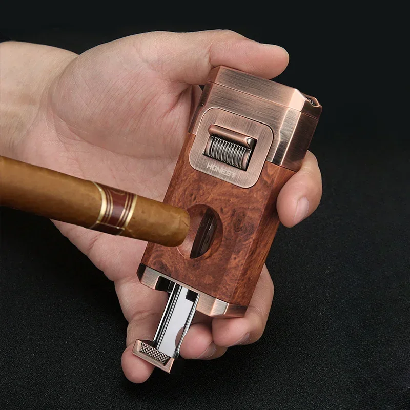 Honest 2024 Deluxe Cigar Lighter with V Shape Blade Cigar Holder Double Nozzle Flame Butane Refillable Torch Lighter Smoker Gift