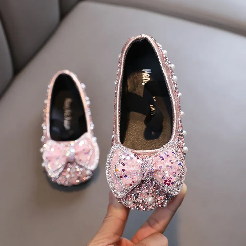 

Kids Girl Shoes Girls' Princess Flats Single Shoes Spring Autumn Cute Bow Rhinestone Children Shoe Students Soft Dancing Shoe