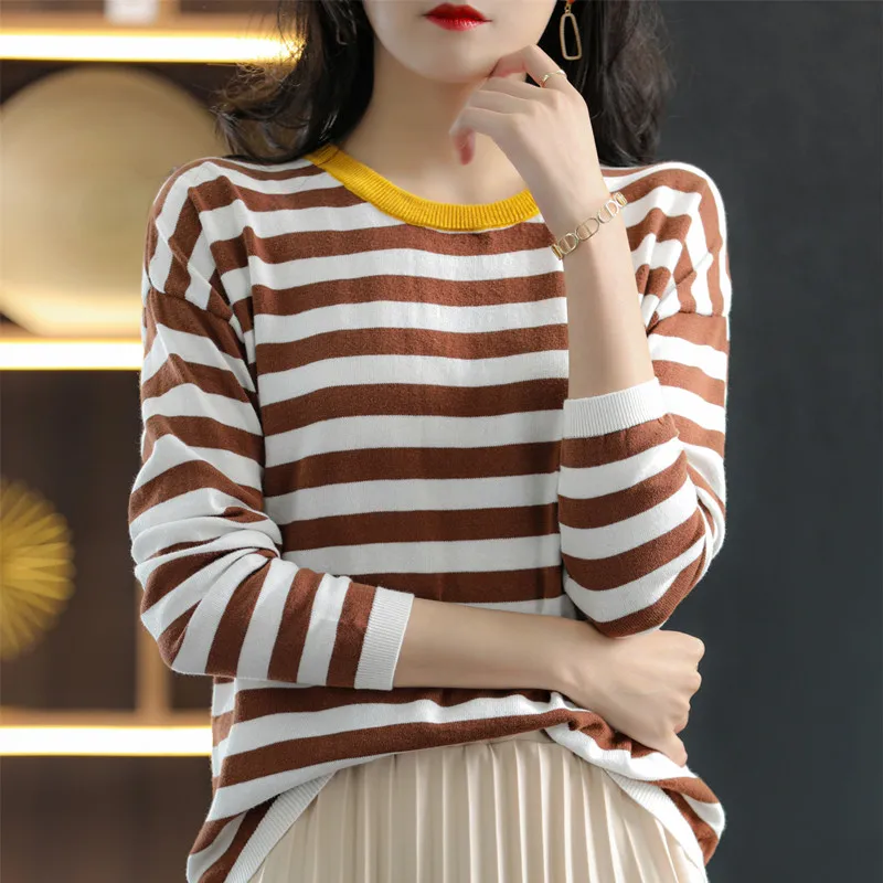 Striped Round Neck Patchwork Women\'s Knitted Pullover Long Sleeved Versatile Spring And Autumn New Item 100% Pure Cotton Top SMY