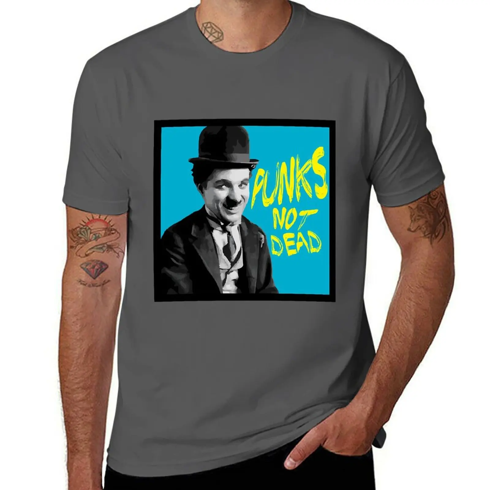 

Punks not Dead Charlie Chaplin Typographic Illustration T-Shirt cotton tshirt 100% T-Shirt