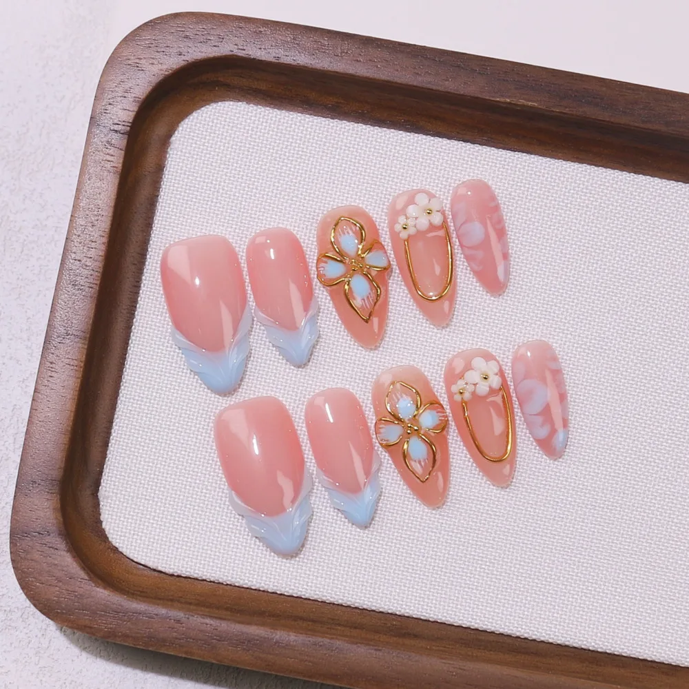 10pc French Handmade Almond-Shaped Press-On Nails Nude Hand-Painted Carved Shell Nail Tips,High-end Brightening False Nails
