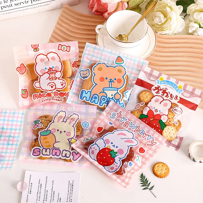 10Pcs Cute Bear Rabbits Plastic Self Stand Bag Cookie Biscuits Candy Nougat Packaging Bags Gift Zipper Bag 13.5*13.5 cm