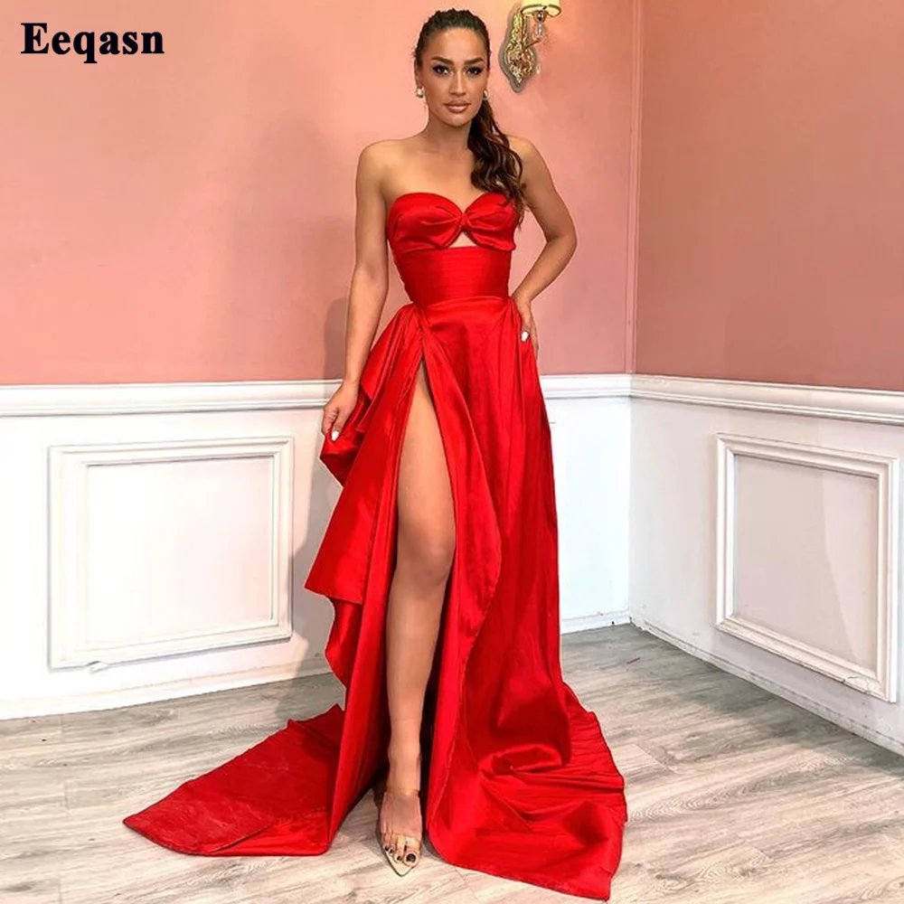 

Eeqasn Beach Satin Red Prom Dresses Formal Party Dress Sweetheart High Slit Evening Gowns For Women Wedding Bridesmaid Wear