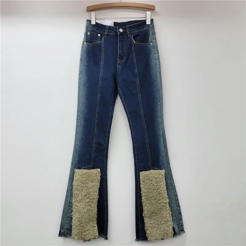 [zoci] Style Girl Fringed Patchwork Micro Flared Jeans Women's Winter New High Waisted Slim Fit Horseshoe Horn