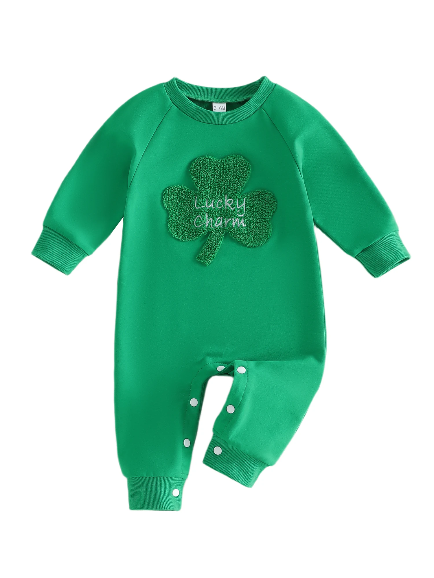 ชุดเด็กผู้ชายวันเซนต์แพทริค ชุดจั๊มสูทคอกลมแขนยาวพิมพ์ลายแชมร็อคสีเขียว ชุดรอมเปอร์ทรงหลวมพร้อมงานปัก