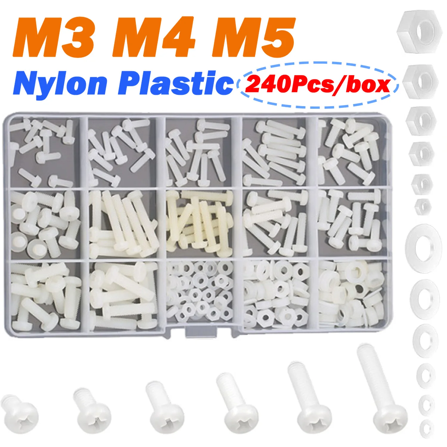 White Nylon Screw Nut Washer Assortment Kit M3 M4 M5 Plastic Phillips Insulated Pan Head Cross Round Machine Screws Bolt Set Box