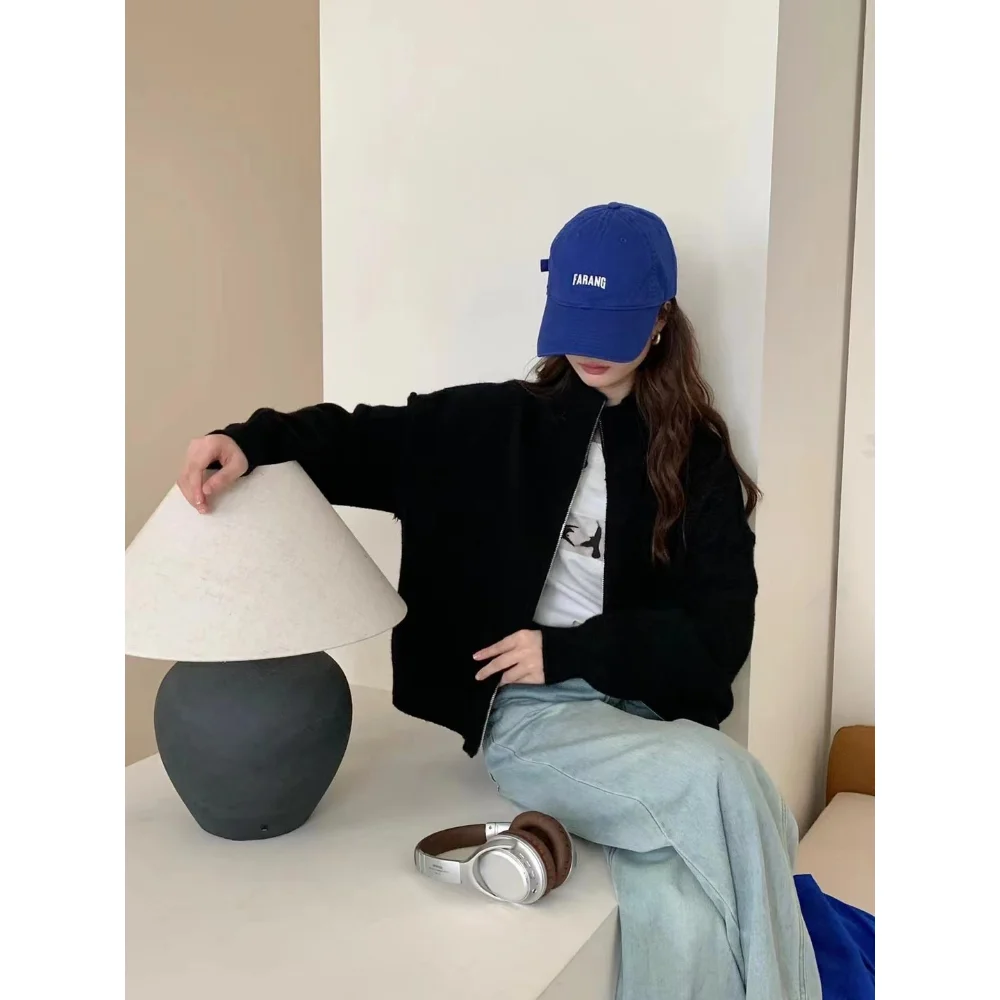 Autumn Women Gray Jacket with Hood Long Sleeve Big Pocket acket Coat Woman Loose Casual Outerwear Coat TopsLazy Wind Y2k Sweater